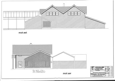 Fasadetegning som viser bygningens utsyn mot øst og sør med takform, vinduer og veggmønster.