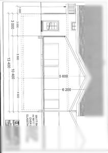 Snittegning som viser tverrsnittet av en eksisterende butikk med nytt takoppløft og glasstak.