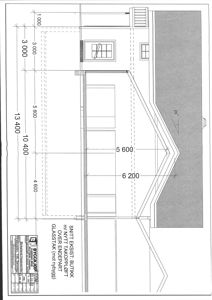 Snittegning som viser tverrsnittet av en eksisterende butikk med nytt takoppløft og glasstak.