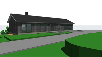 3D-visualisering av en planlagt bygning sett fra siden, med omgivende terreng og vei.