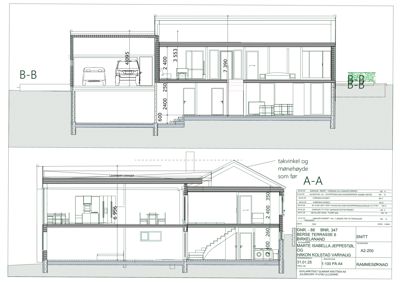Bildet viser to snittegninger (A-A og B-B) av en bolig, som illustrerer romfordeling, høyder, trapp og konstruksjon.