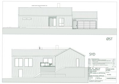 Fasadetegning som viser bygningens utseende sett fra øst og syd.