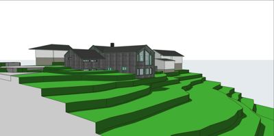 3D-visualisering av en bolig på en terrassert tomt