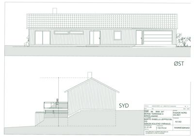 Fasadetegning som viser bygningens utsyn mot øst og syd, inkludert takform, vinduer, dører og terrassetrinn.
