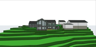 Situasjonsplan som viser plassering av flere bygninger på et terrassert grønt område.