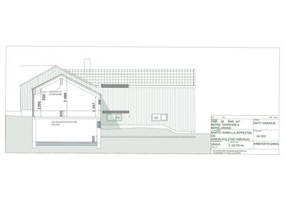 Snittegning av en garasje med angitte høyder og konstruksjonsdetaljer.