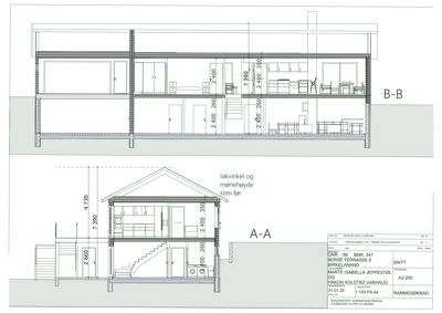 Snittegning (A-A og B-B) som viser bygningens indre oppbygning, høyder og romfordeling.