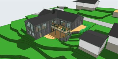 3D-visualisering av en planlagt bolig med omgivelser og nabolag.