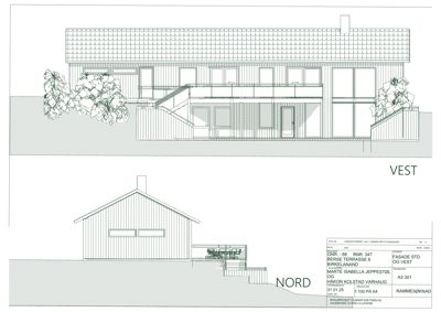 Fasadetegning som viser bygningens utseende fra vest og nord.
