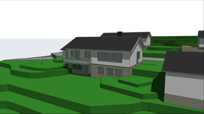 3D-visualisering av en bolig med omgivende terreng og nabohus.