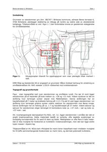 Situasjonsplan som viser eiendommen, eksisterende bygninger (garasje) og planlagte tiltak (tilbygg) markert med rødt. Planen inkluderer også topografiske linjer.