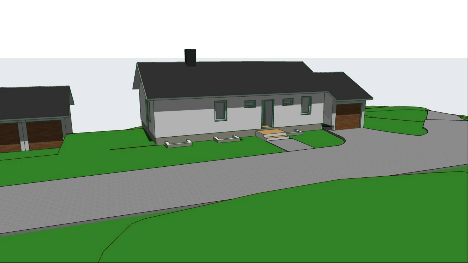3D-visualisering av en planlagt enebolig sett fra utsiden, inkludert kjørevei og grøntområder.
