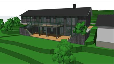 3D-visualisering av en planlagt bygning sett fra utsiden, inkludert omgivende terreng og beplantning.