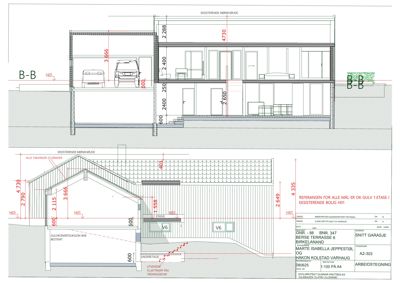 Snittegning (B-B) som viser bygningens tverrsnitt, høyder, takform og innvendig oppdeling.
