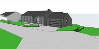 3D-visualisering av en planlagt bolig med garasje, sett fra gaten.