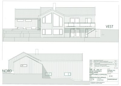 Fasadetegning som viser bygningens utseende sett fra vest og nord.