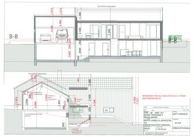 Snittegning (B-B) av en garasje og bolig, som viser høyder, romfordeling og konstruksjon.