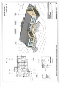 En tegning som viser etasjeplaner (Plan 1. etg og Plan kjeller) for en bolig, samt en 3D-visualisering av fasaden og situasjonen.