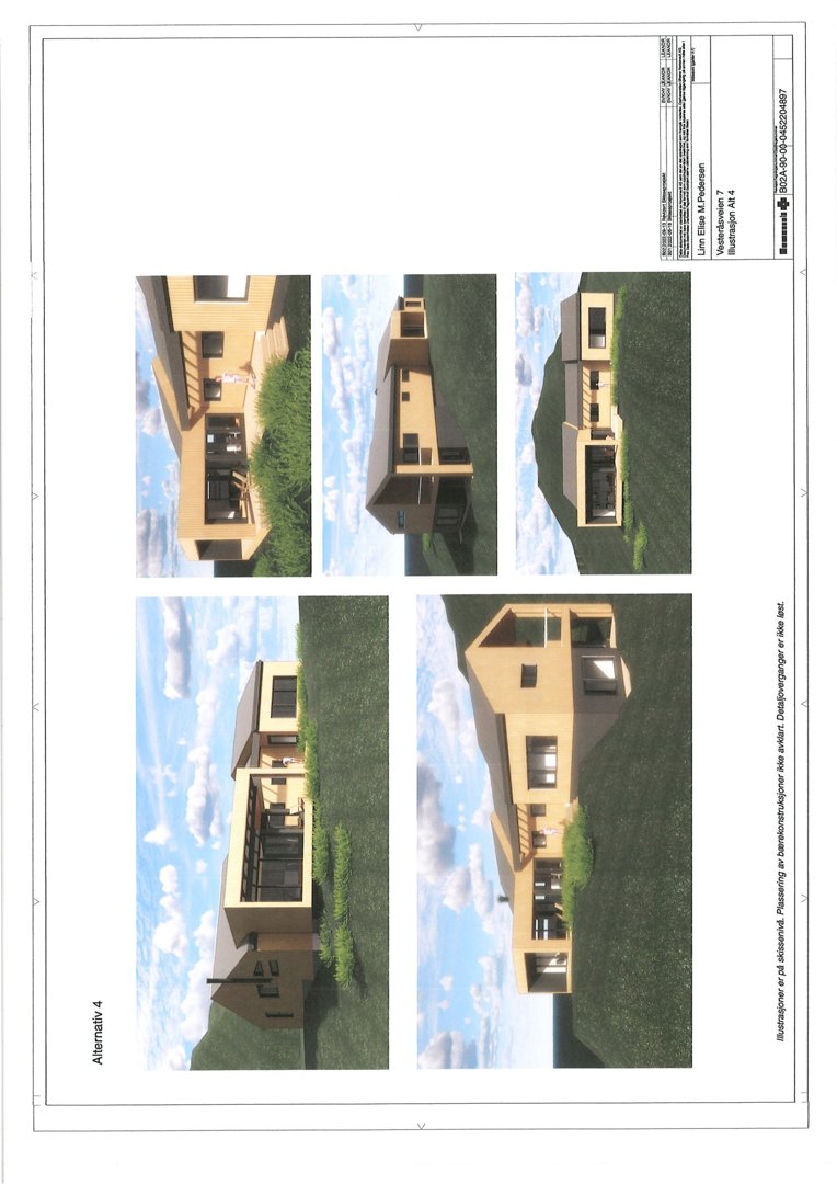 3D-visualisering (rendering) av et husalternativ (Alternativ 4) sett fra ulike vinkler.