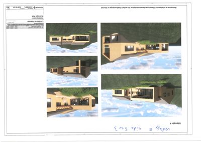 3D-visualisering (rendering) av en bygning sett fra ulike vinkler.