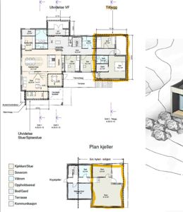 Bildet viser en detaljert etasjeplan (1. etasje) og en kjellerplan for en boligutvidelse, med romnavn, arealer og dimensjoner.