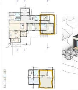 Bildet viser en detaljert etasjeplan (1. etasje) og en kjellerplan for en boligutvidelse, med romnavn, arealer og dimensjoner.