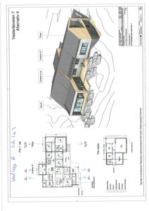 Bildet viser en tegning med etasjeplaner (Plan 1. etg og Plan kjeller) for et hus, samt en 3D-visualisering av fasaden.
