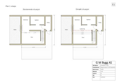 Etasjeplan som viser romfordeling og mål for 1. etasje i en bygning.
