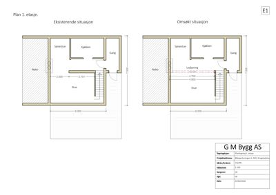 Etasjeplan (1. etasje) som viser romfordeling, mål og endringer i en bygning.