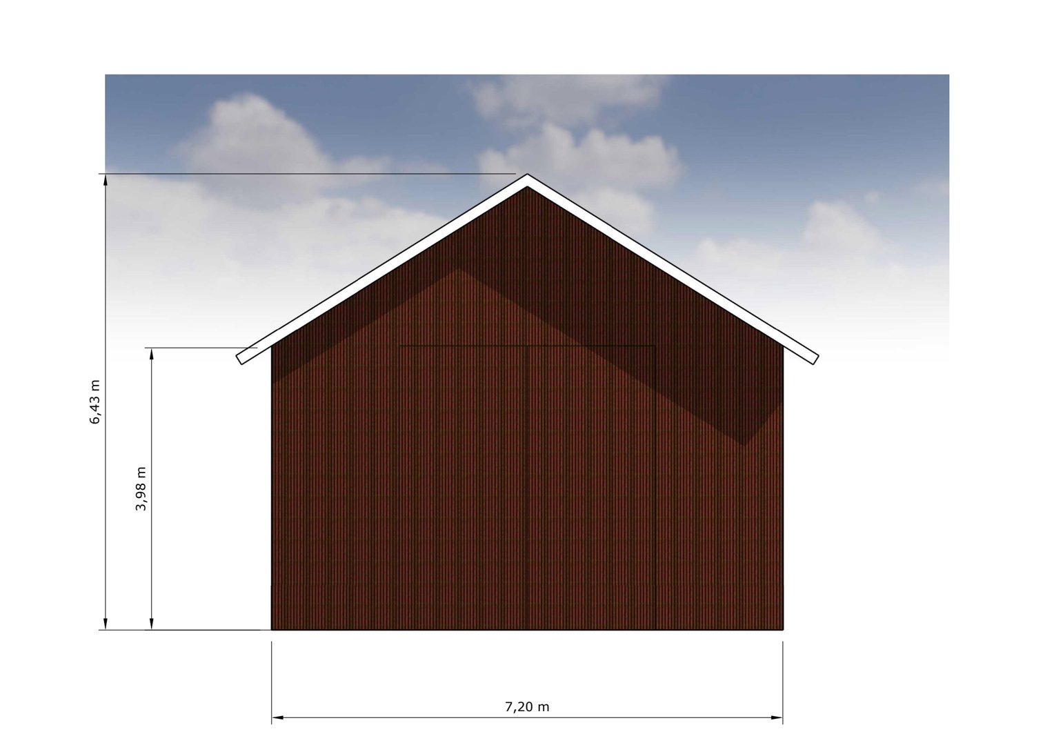 Fasadetegning som viser fronten på en bygning (sannsynligvis et skur eller garasje) med mål for bredde, høyde og takhøyde.