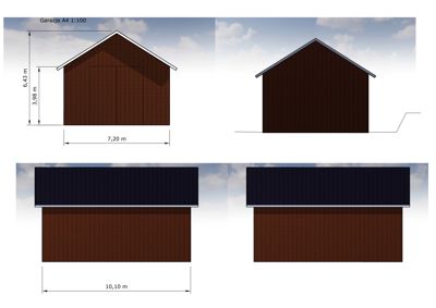 Fasadetegning (opprikk) av en garasje sett fra ulike vinkler, med angitte mål og materialvalg.