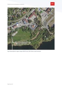 Flyfoto (satellittbilde) av et område med bygninger, veier og natur. Bildet viser situasjonen på et tidspunkt (2020) og er brukt som bakgrunn for å markere en bygning.