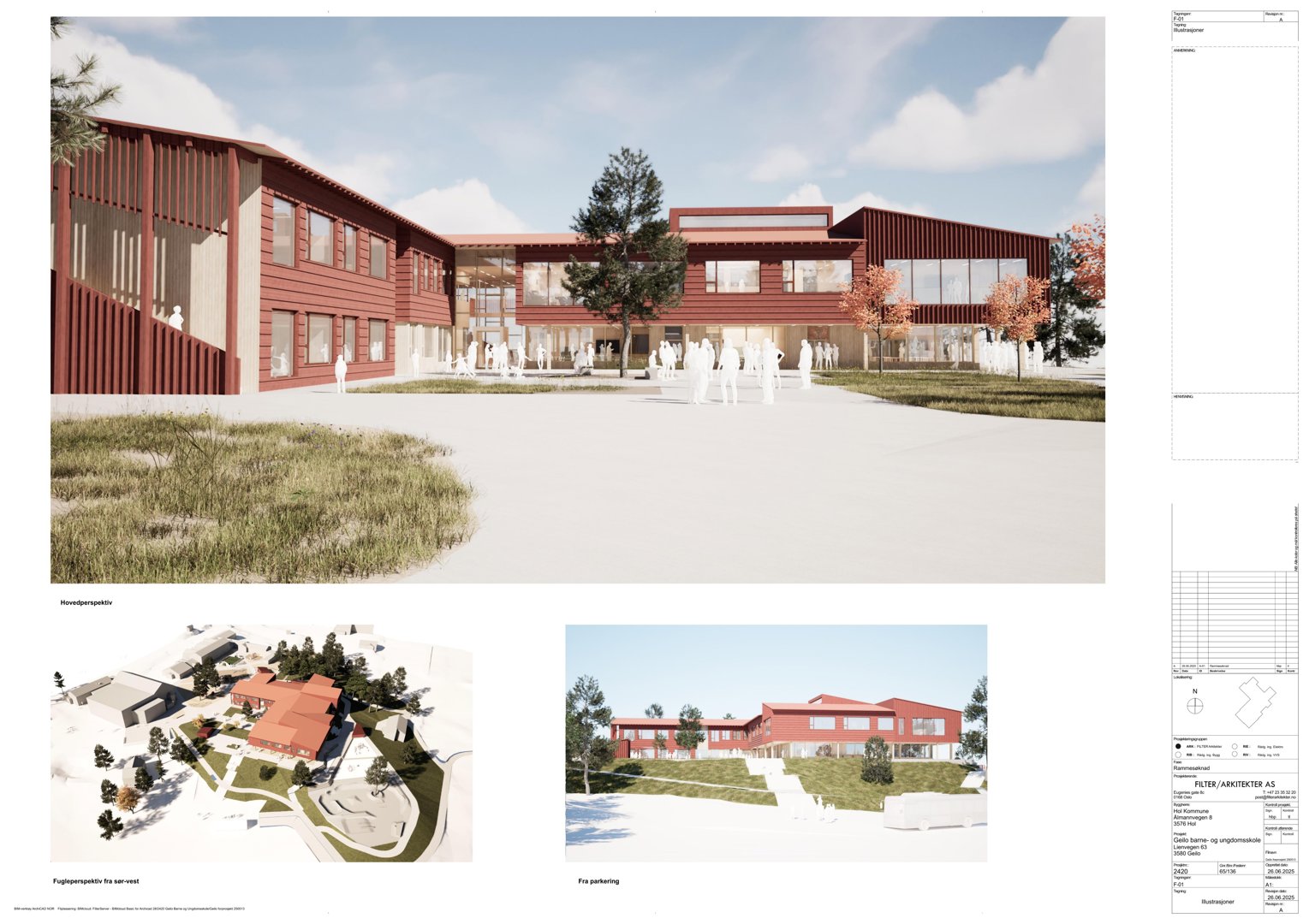 En samling av 3D-visualiseringer (renderinger) av et byggeprosjekt, inkludert hovedperspektiv, situasjonsplan og en sidevisning.