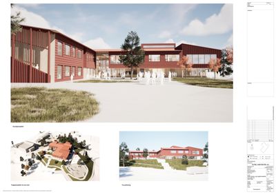 En samling av 3D-visualiseringer (renderinger) av et byggeprosjekt, inkludert hovedperspektiv, situasjonsplan og en sidevisning.