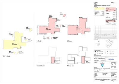 Etasjeplaner (1. etasje, 2. etasje, teknisk kjeller, teknisk loft) med arealoppdelinger (BRA, BYA, Trøto) og romfordeling.