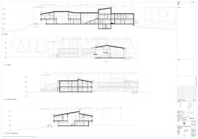 En tegning som viser flere snitt (B-A, B-B, B-C, B-D) gjennom en bygning, inkludert konstruksjon, høyder og relasjon til terrenget.