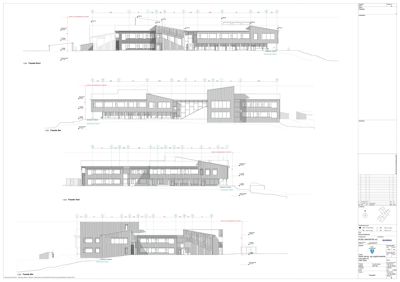 Fasadetegning som viser bygningens utseende fra fire ulike vinkler (Nord, Øst, Sør, Vest) med detaljer om materialer og høyder.