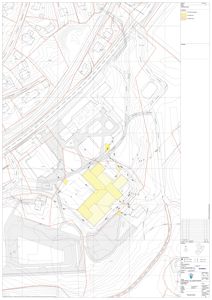 Situasjonsplan som viser tomtens beliggenhet, omgivende infrastruktur, topografi (konturlinjer) og plassering av eksisterende og planlagte bygninger.