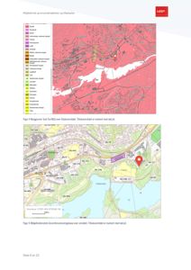 Bildet viser to kart fra henholdsvis NGU (berggrunnskart) og Miljødirektoratet (grunnforurensningsbase) som viser geologiske og miljømessige forhold i et område.