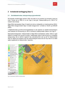 Et geologisk kart (Løsmassekart) som viser jordarter og berggrunn i et område, med en markert tomt og et tiltaksområde.