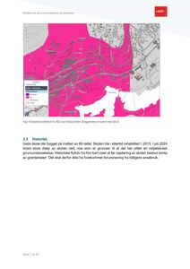 Et kart over et område (tiltaksområdet) som viser forurensning (rødt) og ren grunn (grått).