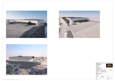 Tre 3D-visualiseringer (renderinger) av et planlagt lagerkontortbygg i Narvik, sett fra ulike vinkler.