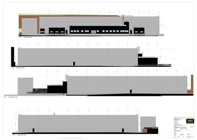 Bildet viser fire fasadetegninger (Nord Øst, Sør Øst, Nord Vest og Sør Vest) for en industriell bygning.