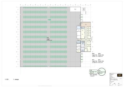 Etasjeplan (1. etasje) som viser romfordeling, arealer og funksjoner i en bygning.