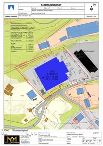 Situasjonskart som viser tomtens beliggenhet, omgivelser, topografi og bygningers plassering.