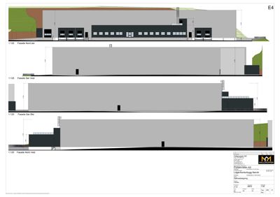Fasadetegninger som viser bygningens utseende fra fire ulike vinkler (Nord øst, Sør vest, Sør øst og Nord vest).