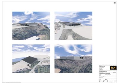 Bildet viser fire 3D-visualiseringer (renderinger) av et planlagt bygg på en kysttomte. Det er perspektivtegninger som viser byggets utseende i forhold til omgivelsene.