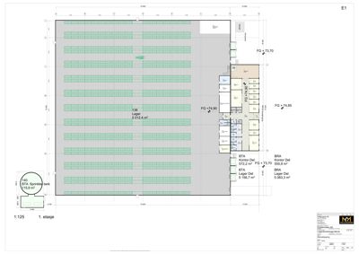 Etasjeplan (1. etasje) som viser romfordeling, arealer og høyder for en bygning.