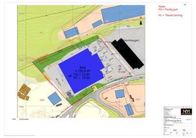 Utomhusplan (situasjonsplan) som viser tomtens terrengforhold, bygningers plassering og høyder.