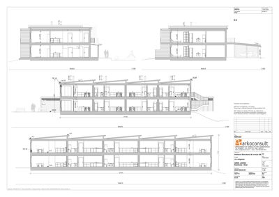 Snittegning som viser bygningens tverrsnitt gjennom flere etasjer, inkludert konstruksjon og romfordeling.